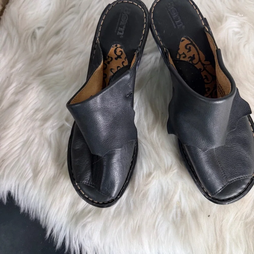 Born Black‎ Leather Peep Toe Wedge Mules Sandals W3098 Womens 9 40.5